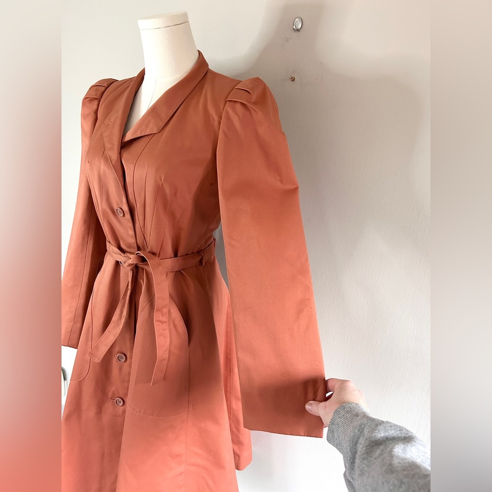 VINTAGE PBD INTERNATIONAL 90s Rust Belted Trench Coat Dress Parisian Retro Small - Picture 8 of 13